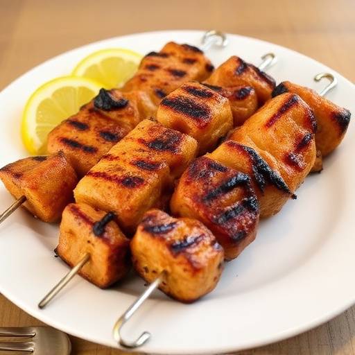 A close-up of sosaties, South African skewers, showcasing marinated meat grilled to perfection, arranged on a plate and ready to serve