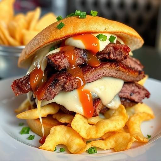 A fully loaded Gatsby sandwich with chips, steak, and sauces