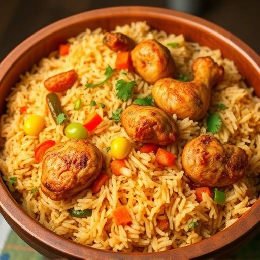 A large bowl of briyani with chicken and vegetables