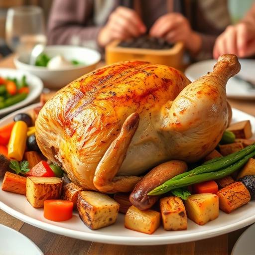 A large roast chicken on a platter, surrounded by roasted vegetables, representing a family dinner