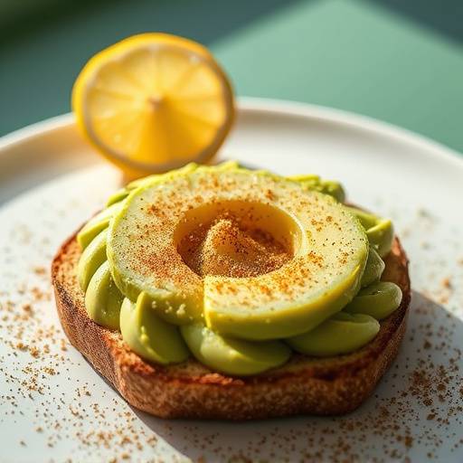 A plate of toasted bread topped with a mixture of creamy avocado, sprinkled with biltong dust, and a squeeze of lemon, served as avocado toast