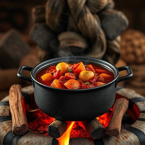 A potjie kos, filled with meat and vegetables stewing over an open fire, creating a hearty and flavorful dish, emitting steam