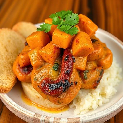 A quarter loaf of bunny chow filled with Durban curry