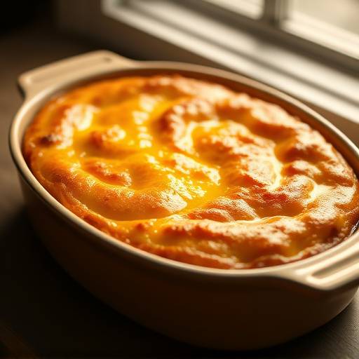 Bobotie in a baking dish, topped with golden custard