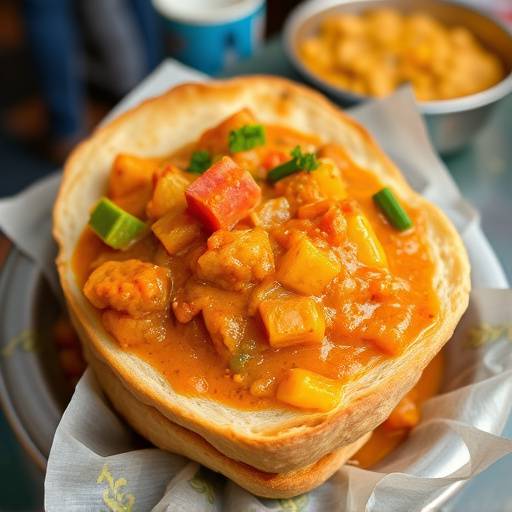 Bunny chow, a hollowed-out loaf of bread filled with curry, a popular South African street food