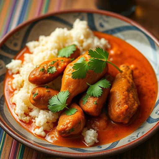 Chakalaka chicken served with a side of pap, garnished with fresh cilantro, showcasing the vibrant colors of the chakalaka sauce