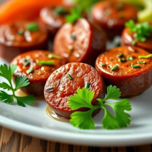Close-up shot of boerewors bites arranged on a plate, garnished with fresh parsley