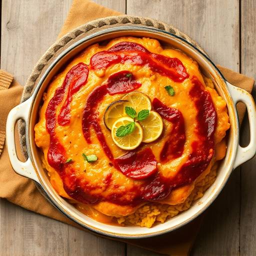 Image of Bobotie, a traditional South African dish, served in a casserole dish with yellow rice