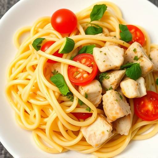 Variety of quick meal ingredients, including pasta, vegetables, and chicken